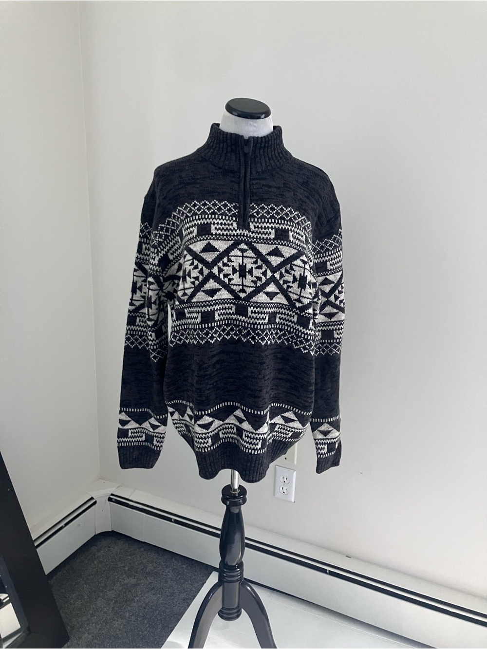 Men's Black & White Nordic Half-Zip Mock Neck Sweater